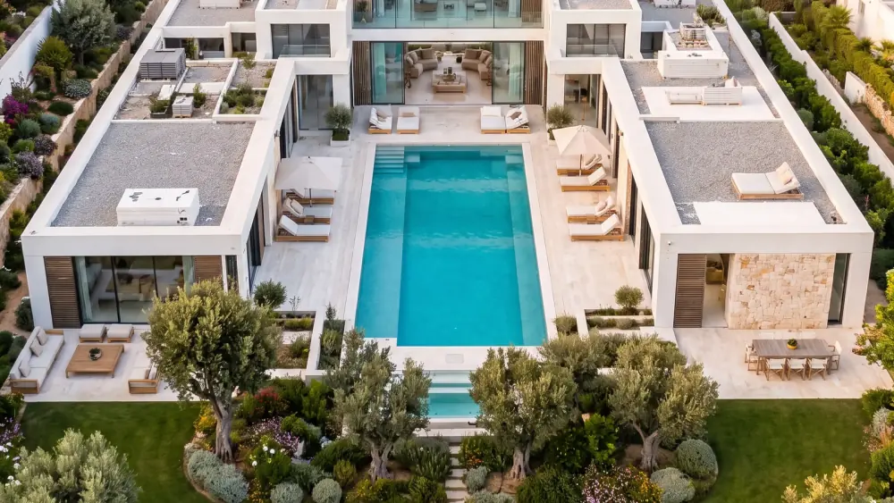 Recreación 3D de una villa con piscina, como las que construye Cuvicon