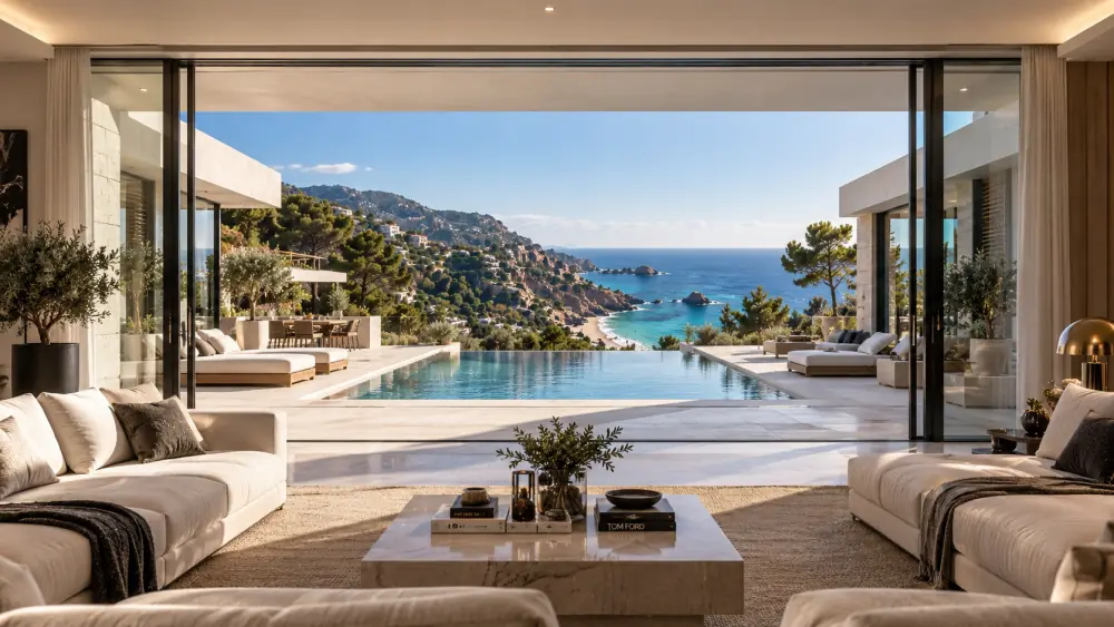Recreación de un salón abierto a la piscina y al mar