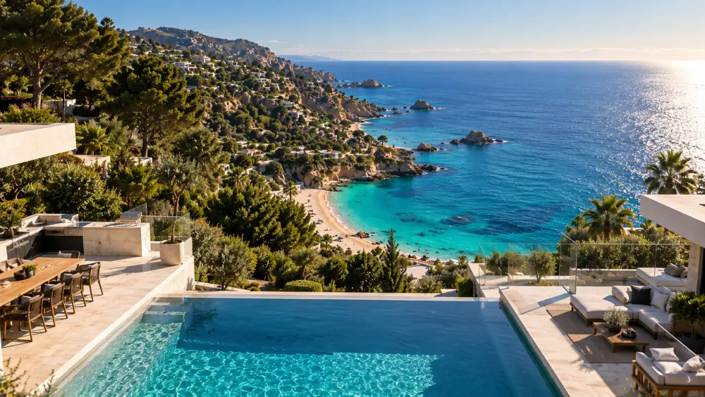 Recreación de una terraza con piscina infinita y vistas al mar